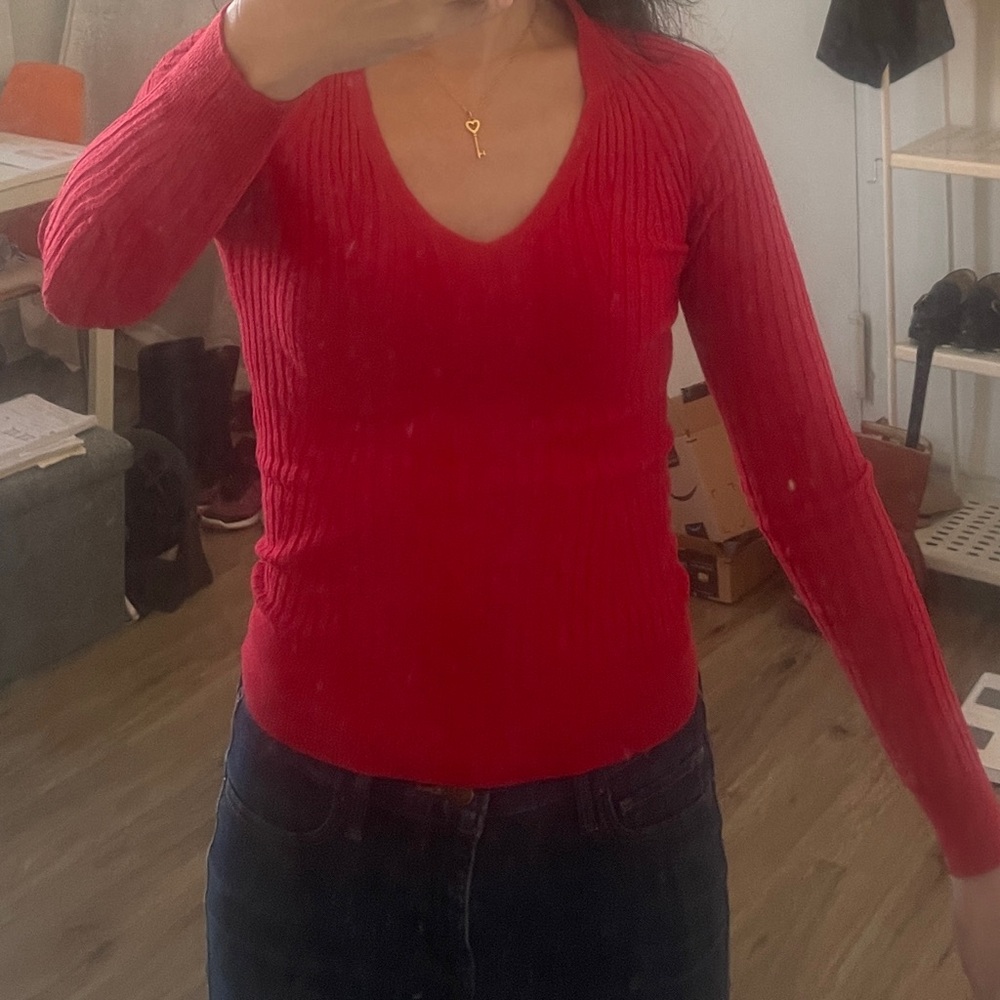 Mango Vivid Red V-Neck Rib Sweater high stretch - Picture 2 of 2